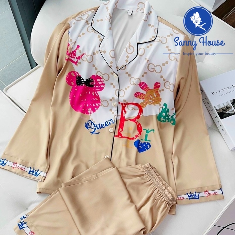 Đồ bộ nữ lụa cao cấp in Minnie sắc nét không bay màu, đổ lông màu vàng đồng cực sang Sanny House SA775