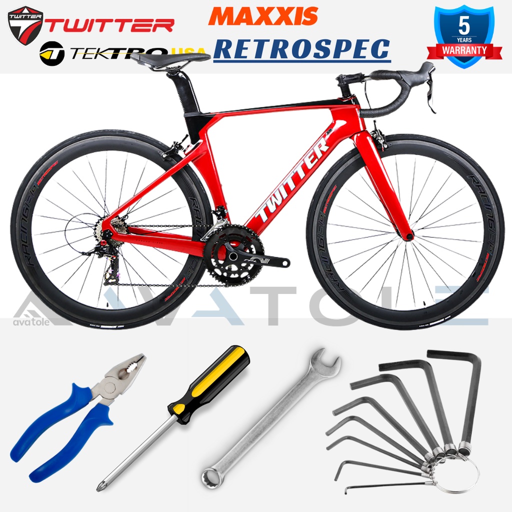 Xe đạp đua 2022 Twitter R5, khung sườn Carbon size 46/48, Bộ truyền động Retrospec 22s, Phanh V Tektro, màu trắng đỏ
