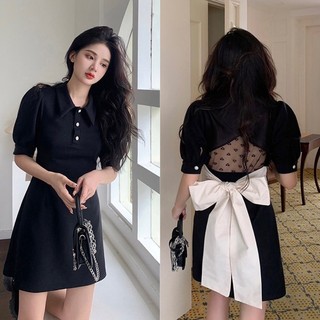Đầm đen cổ tim hở lưng phối nơ trắng sang chảnh siêu nổi bật