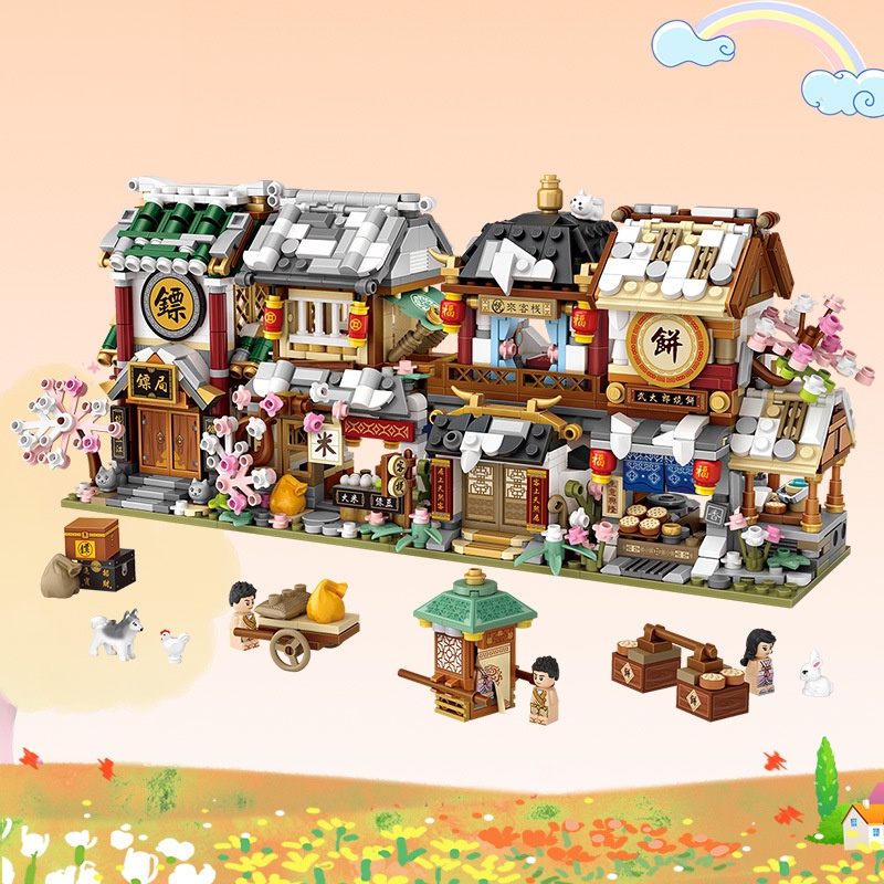Combo đồ chơi lắp ráp mô hình cửa hàng gạo và mô hình cửa hàng bánh 1741-1744