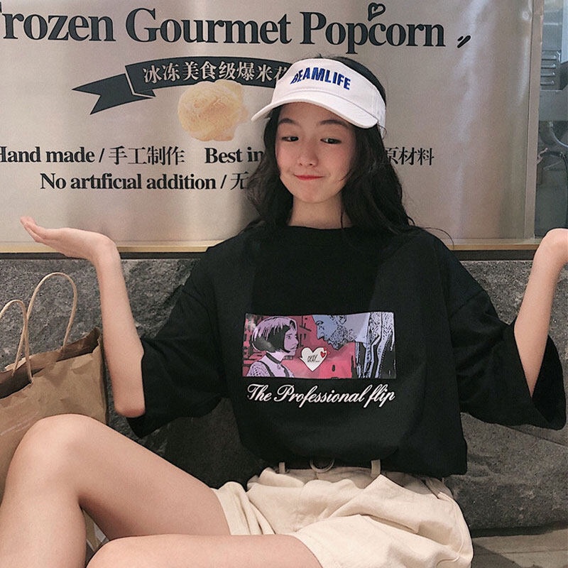 Áo thun XINLANYASHE tay ngắn dáng rộng in họa tiết kiểu Hàn Quốc thời trang mùa hè 2023 cho nữ