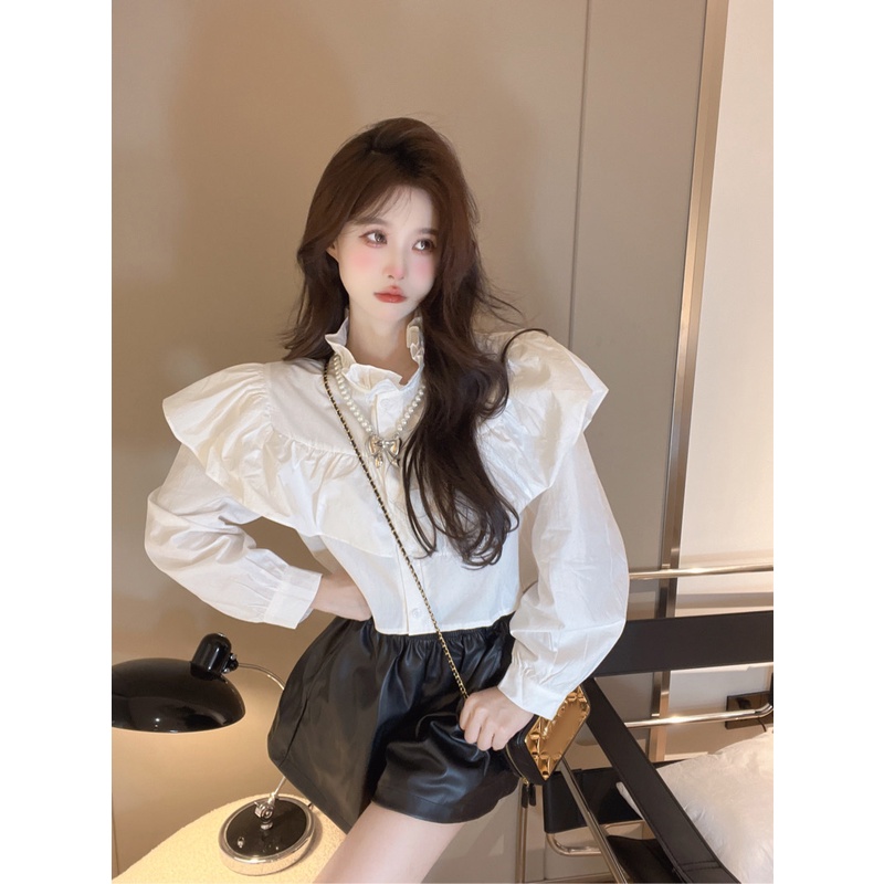 Áo Sơ Mi Tay Dài Rộng Cổ Thắt Dây Eo Cao Phong Cách Mới Dành Cho Nữ