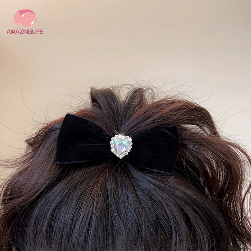 Kẹp Tóc Hình Nơ Đính Kim Cương Giả Màu Đen / Nhung Phong Cách Ins Cổ Điển Thời Trang Cho Nữ