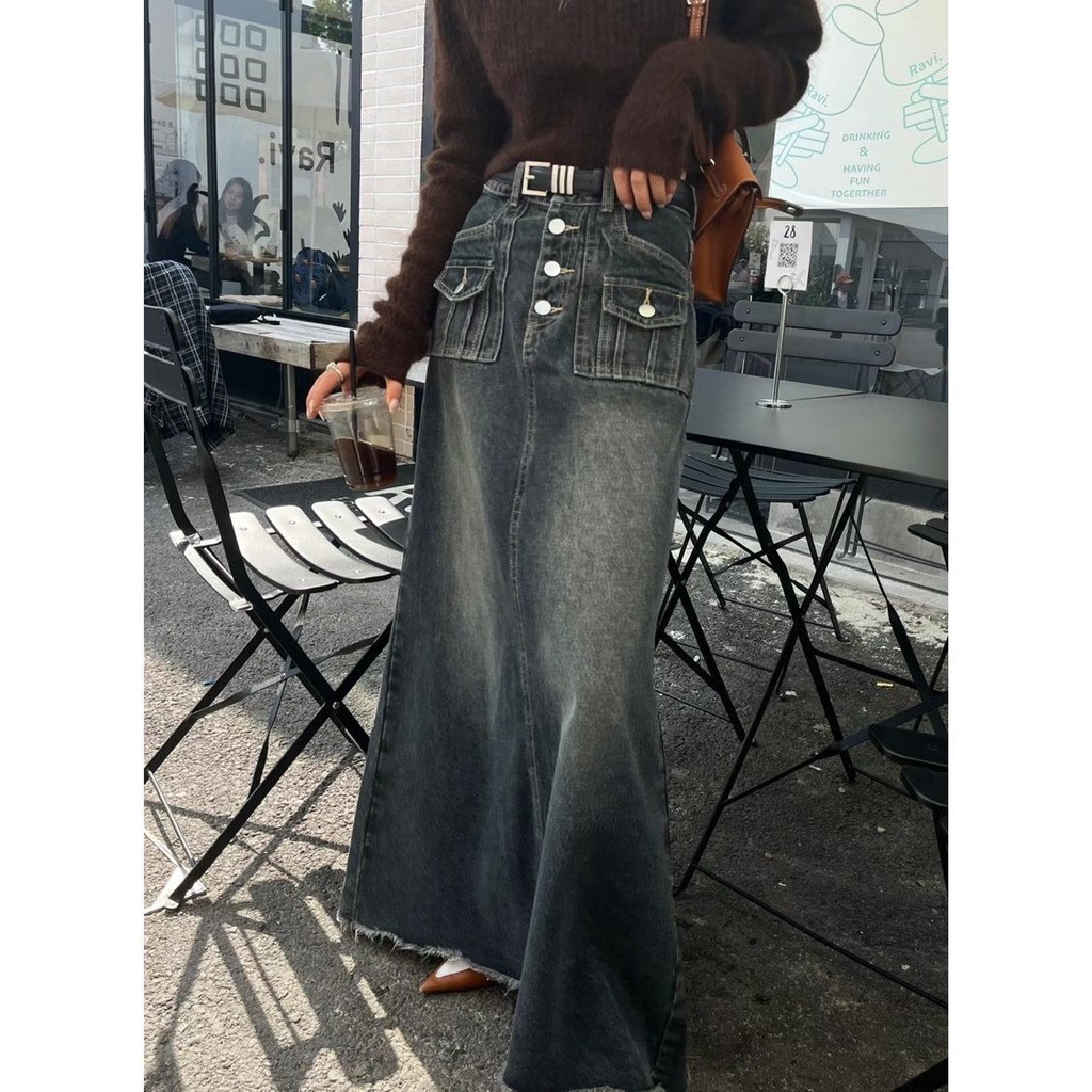 Chân váy denim jean dài dáng chữ A túi hộp màu loang cá tính phong cách ullzang SẴN
