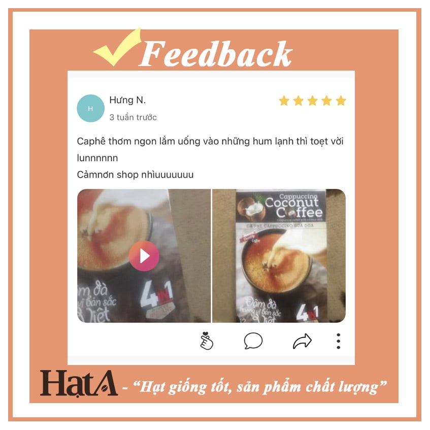 Cà phê hòa tan Cappuccino Hạt A Cafe 4in1 vị sữa dừa tự nhiên 216gr/12 gói