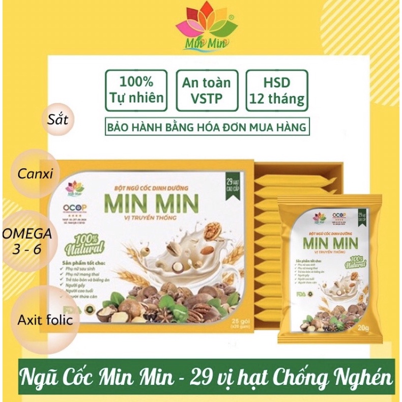 Hộp 25 gói ngũ cốc bầu, ngũ cốc lợi sữa Min Min 500gr