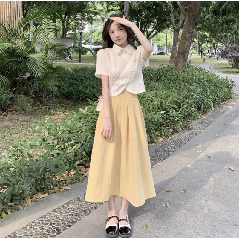 Set Áo Sơ Mi Kèm Chân Váy Xoè Dài Phong Cách Tiểu Thư Siêu Xinh Kèm Ảnh Thật
