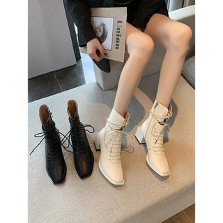 Boots tiểu thư cổ vừa gót vuông 5p da pu cột dây mũi bo nhọn cực sang
