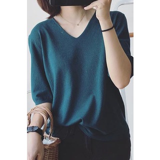 Áo Thun Tay Lửng Cổ Chữ V Màu Sắc Đơn Giản Phong Cách Hàn Quốc Cho Nữ