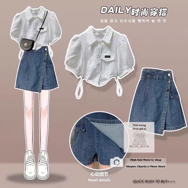 Áo sơ mi Xốp croptop vai phồng dây rút hông phối nắp túi gắn logo Ulzzang siêu đẹp