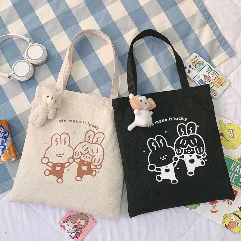Túi Tote Vải Canvas Thỏ Cute Style Ulzzang Đi Học Đi Chơi Xinh Xắn Có Khóa Kéo MTT0295