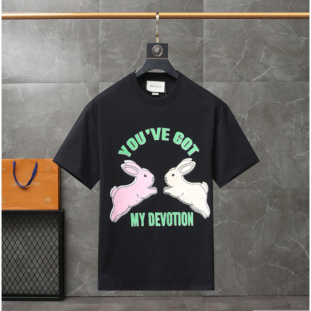 Áo thun tay ngắn unisex thời trang cao cấp thương hiệu Gucci GC GG thiết kế hai con thỏ đáng yêu, dễ thương