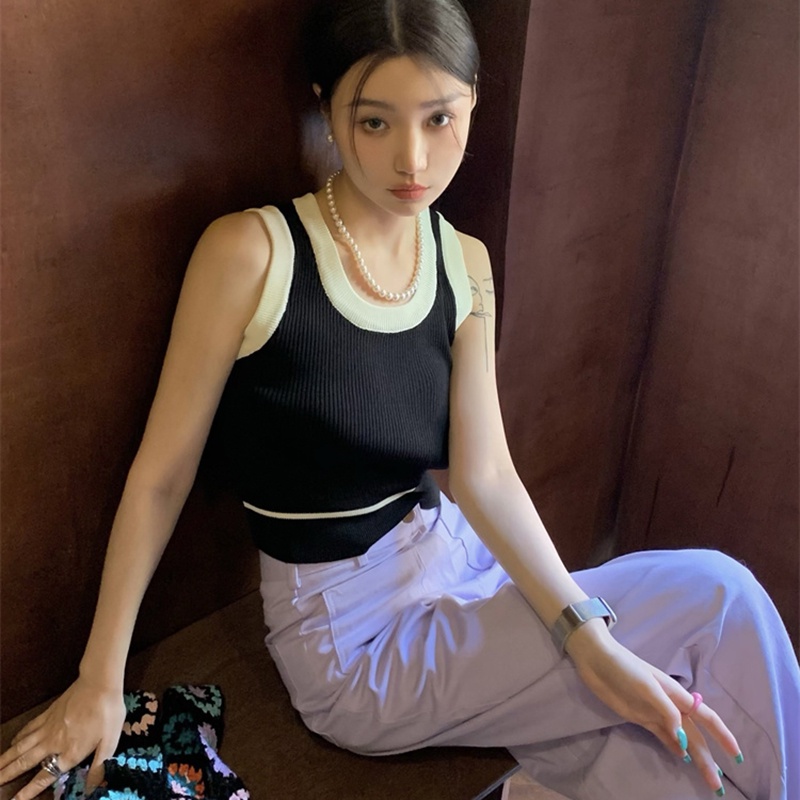 IELGY   Áo Dệt Kim Sát Nách Dáng Ôm Màu Sắc Tương Phản Thời Trang Cho Nữ