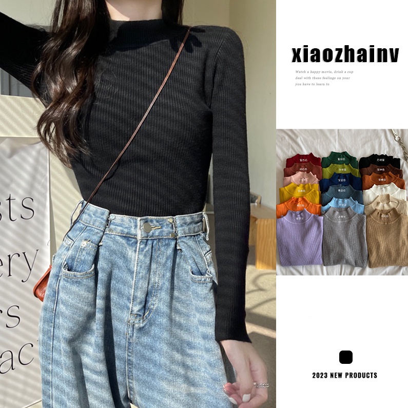 Xiaozhainv Áo Sweater Tay Dài Cổ Cao Màu Trơn Đơn Giản Dễ Phối Đồ Cho Nữ