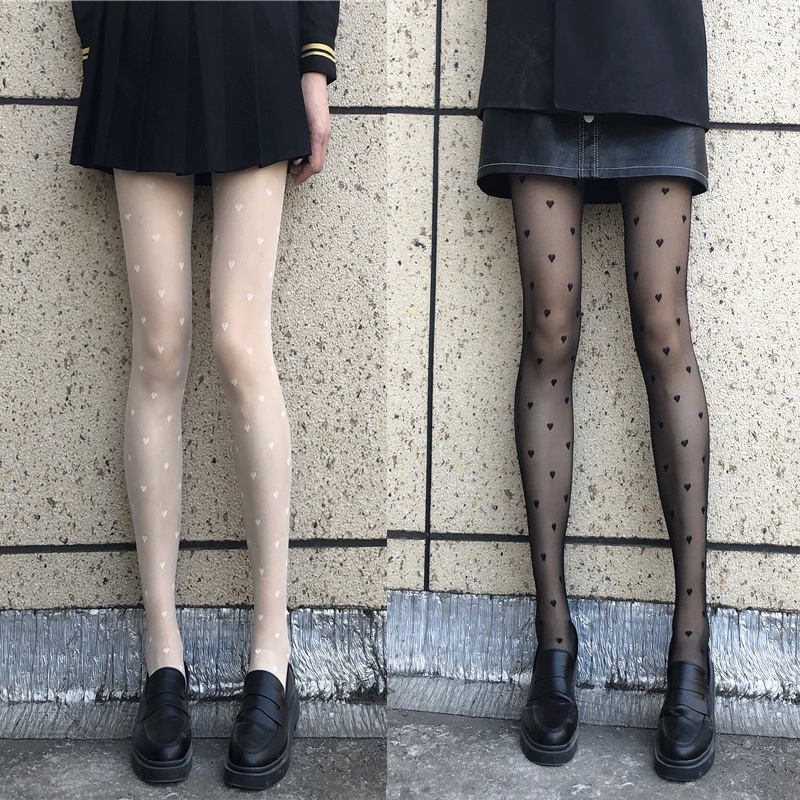 Quần Tất Lụa Mỏng Màu Đen In Hình Trái Tim Cho Nữ