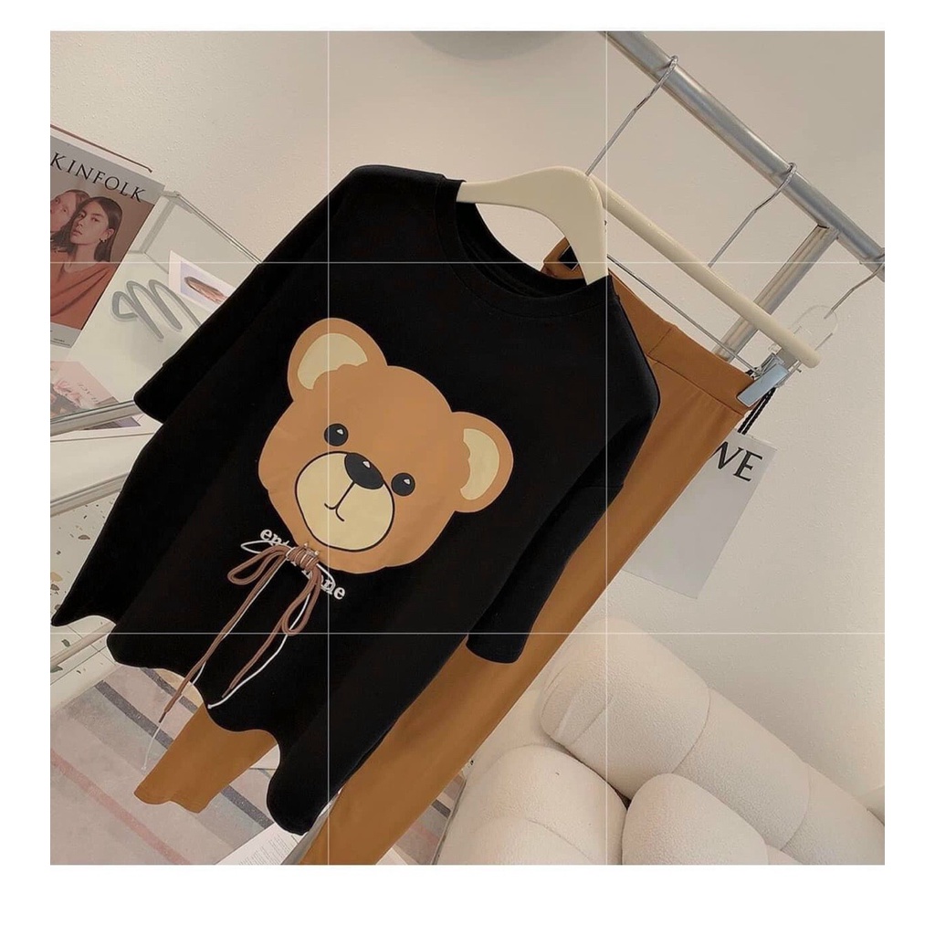 [3.3 Sales Freeship] Set bộ áo thun in gấu nâu dễ thương phối quần dài ôm bó, set bộ thun quần dài in hình gấu cute