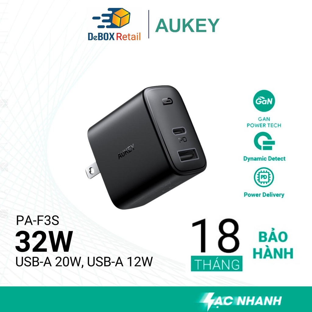 Củ Sạc AUKEY 2 Cổng PA-F3S, Sạc Nhanh Cổng Type C Power Delivery 20W, Cổng USB-A 12W - Hàng Chính Hãng