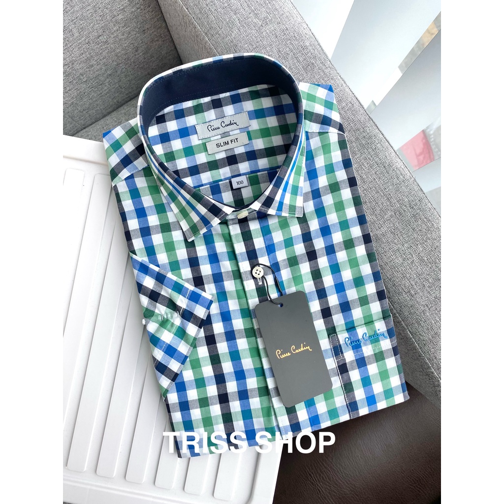 Áo sơ mi nam tay ngắn họa tiết caro cao cấp Pierre Cardin 13 xuất Hàn chất cotton không nhăn form slim