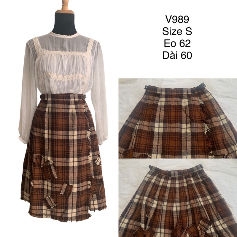 Chân váy cái bang chữ A V989 form xòe trước đắp tà sau xếp ly caro chất dạ 1 lớp 2hand Nhật si tuyển ảnh thật
