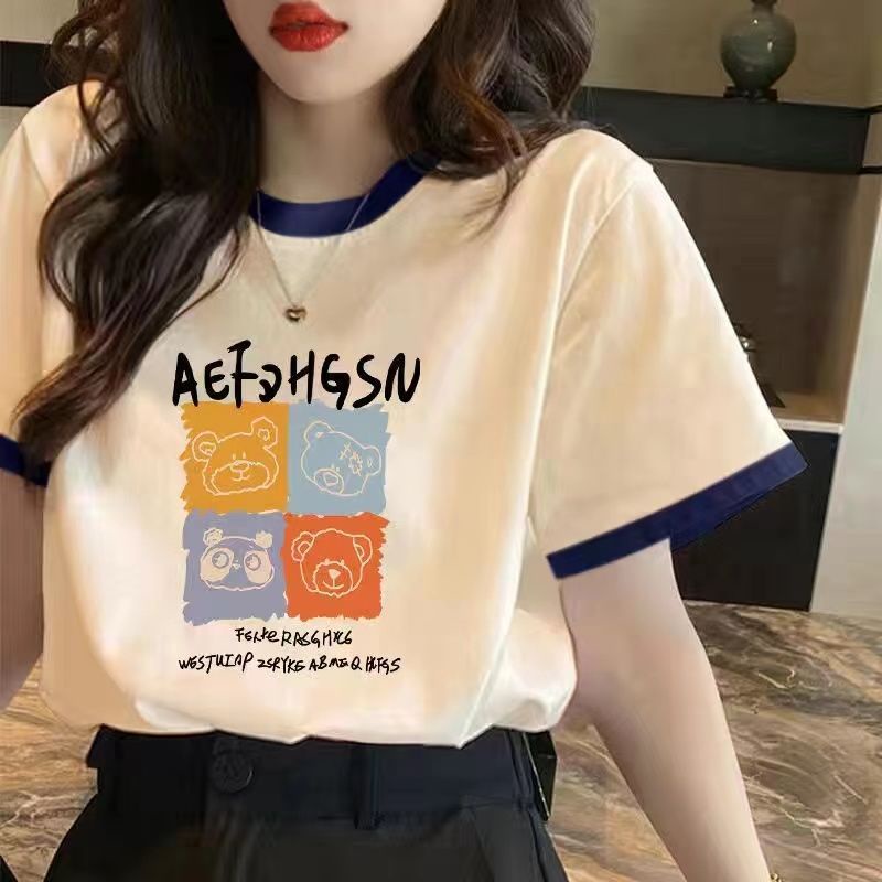 Áo Thun 100% Cotton Tay Ngắn Dáng Rộng Màu Kem Tương Phản Thời Trang Mùa Hè Hàng Mới 2023 Dành Cho Bạn Nữ