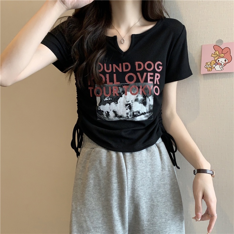 Áo thun PEWARN tay ngắn dáng ôm thiết kế dây rút phong cách harajuku Hàn Quốc cho nữ