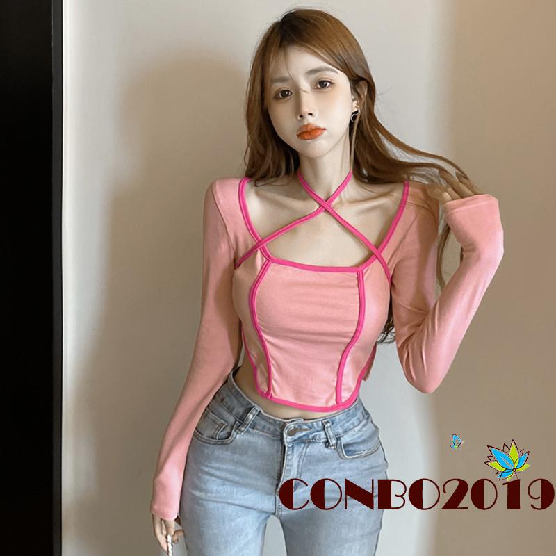 Áo Croptop Tay Dài Cổ Yếm Phối Dây Cột Thời Trang Dự Tiệc Hàng Ngày Cho Bạn Gái