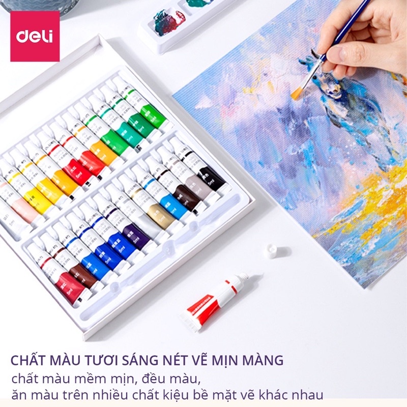 Màu nước Acrylic Deli tuýp 5ml 12/18/24 màu kèm cọ và khay