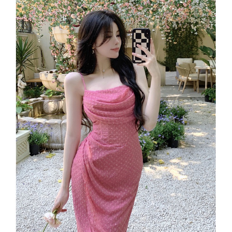 JaneQ Đầm hai dây cổ đổ đuôi cá màu hồng nữ tính ẢNH THẬT CUỐI