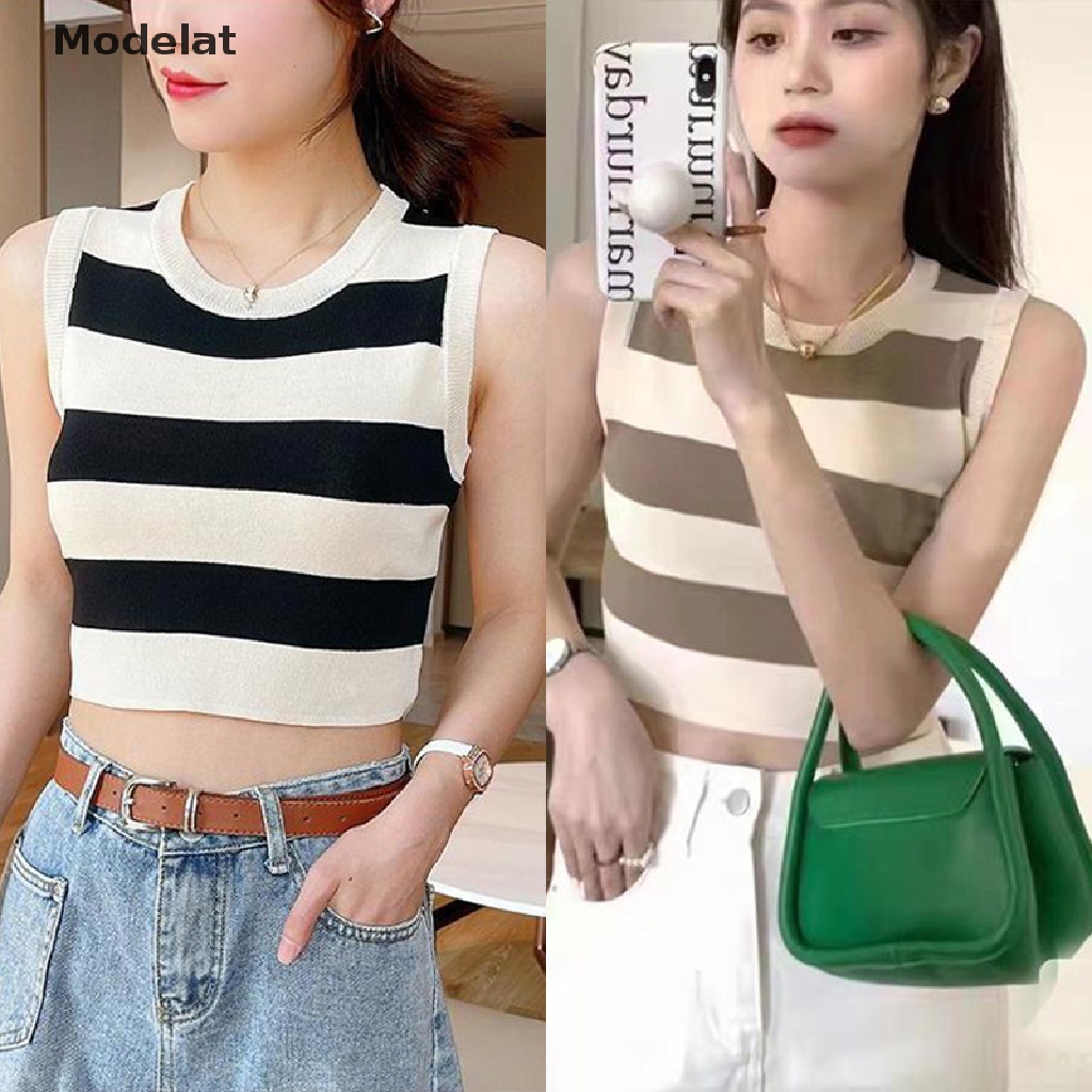 GJCUTE Áo Croptop Dệt Kim Sát Nách Cổ Tròn Họa Tiết Kẻ Sọc Thời Trang Mùa Hè Cho Nữ