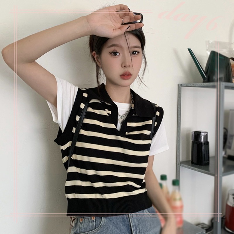 1 Áo Croptop Dệt Kim Sát Nách Họa Tiết Kẻ Sọc Thời Trang Hàn Quốc Cho Nữ