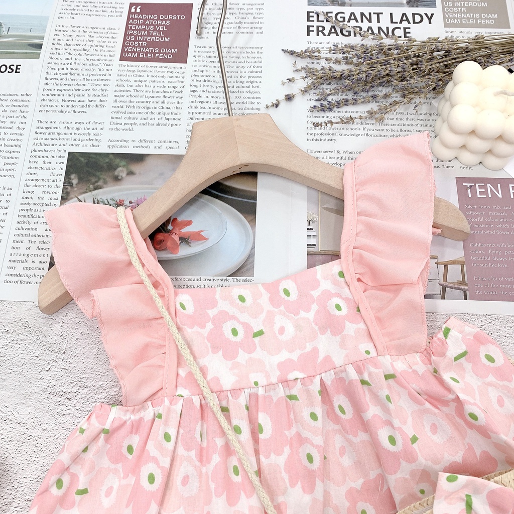 [Hàng QC](9-17kg) Váy hoa hồng cánh tiên kèm túi cói siêu xinh cho bé