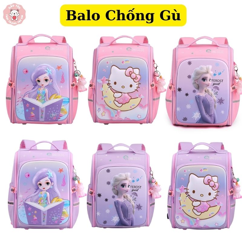 Balo chống gù, cặp sách trẻ em cho bé gái đi học tiểu học lớp 1 2 3 họa tiết 3D Kitty Công chúa Elsa GẤU YÊU SHOP