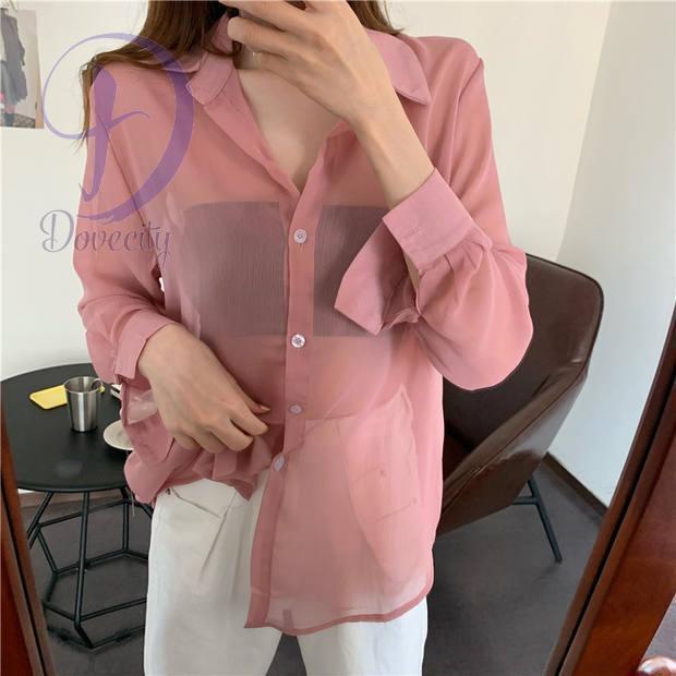 Áo Sơ Mi Voan Mỏng Tay Dài Xuyên Thấu Màu Đen Trơn Cỡ Lớn Thoáng Khí Thời Trang Công Sở Cho Nữ