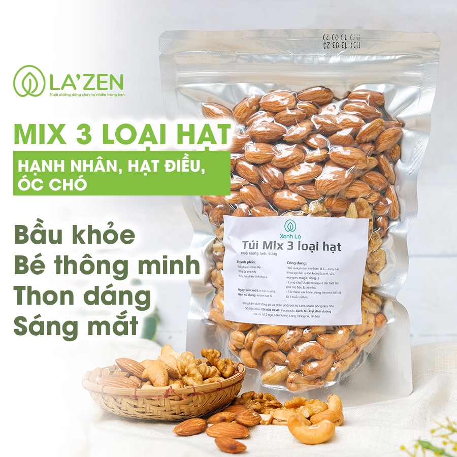 Hạt Mix 3 loại hạt dinh dưỡng (óc chó, hạnh nhân, hạt điều) La'zen cho mẹ bầu, thượng hạng cam kết chất lượng loại A
