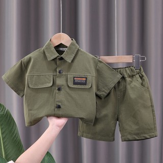 Bộ Trang Phục 2 Mảnh Gồm Áo Sơ Mi Tay Ngắn Màu Trơn Cài Khuy + Quần Short Thời Trang Hè Thu Cho Bé Trai