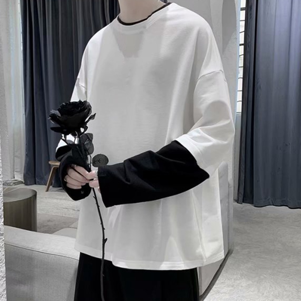 Áo Thun Tay Dài Cổ Tròn Giả Hai Lớp Mềm Mại Phong Cách Hip Hop Thời Trang Cho Nam