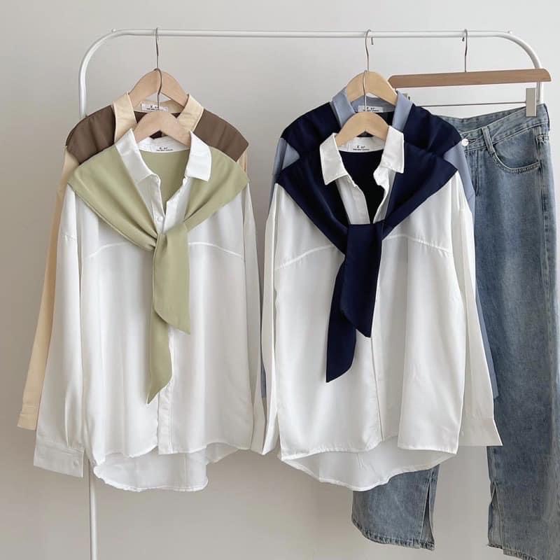 Áo sơ mi nữ tay dài cổ quàng khăn, Áo kiểu nữ oversize 4 màu phong cách Hàn Quốc