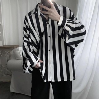 (HÀNG ORDER) ÁO SƠ MI NAM FORM RỘNG TAY DÀI PHỐI SỌC ĐEN TRẮNG HÀN QUỐC