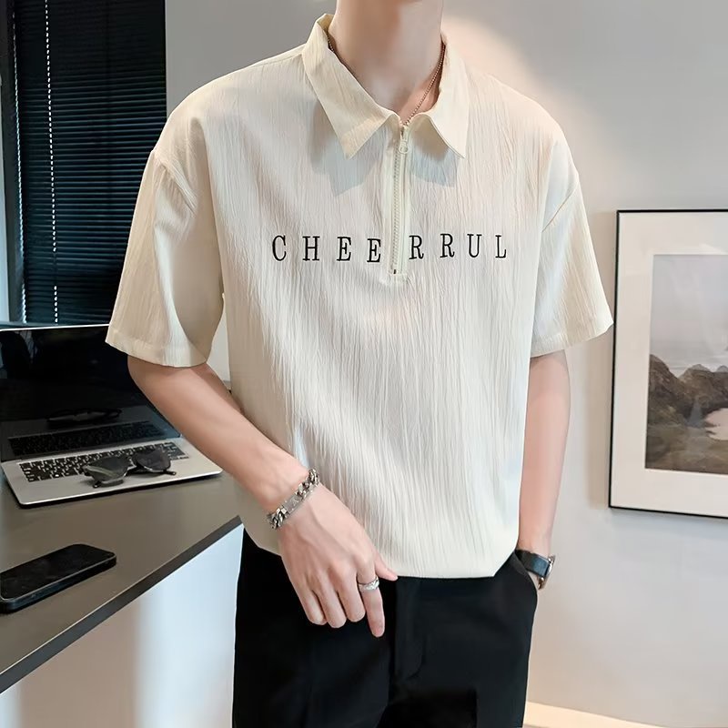 Áo polo ngắn tay áo mùa hè Cảng Phong cách người đàn ông thời trang thương hiệu mùa hè mới nhất Zipper Lapel cổ áo