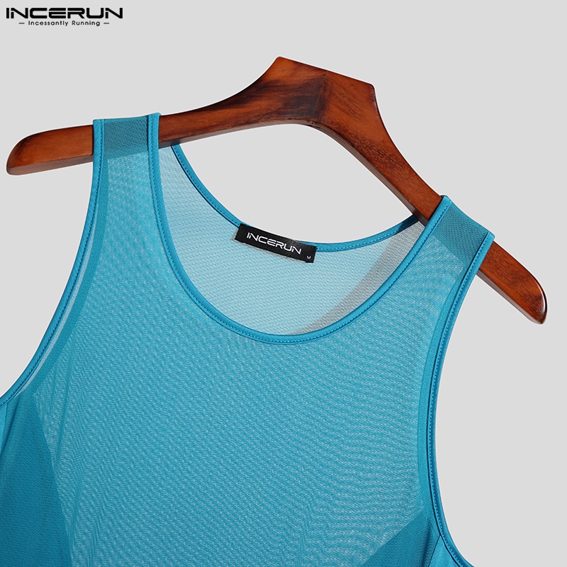 INCERUN Bộ Áo Liền Quần Sát Nách Màu Trơn Phối Lưới Quyến Rũ Cho Nam