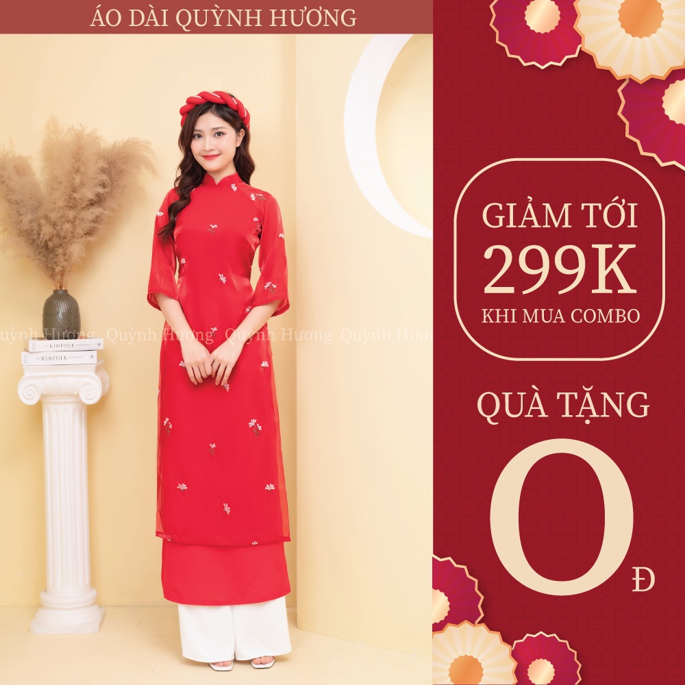 Áo dài voan tơ thêu hoa màu đỏ tay lỡ siêu xinh by Quỳnh Hương