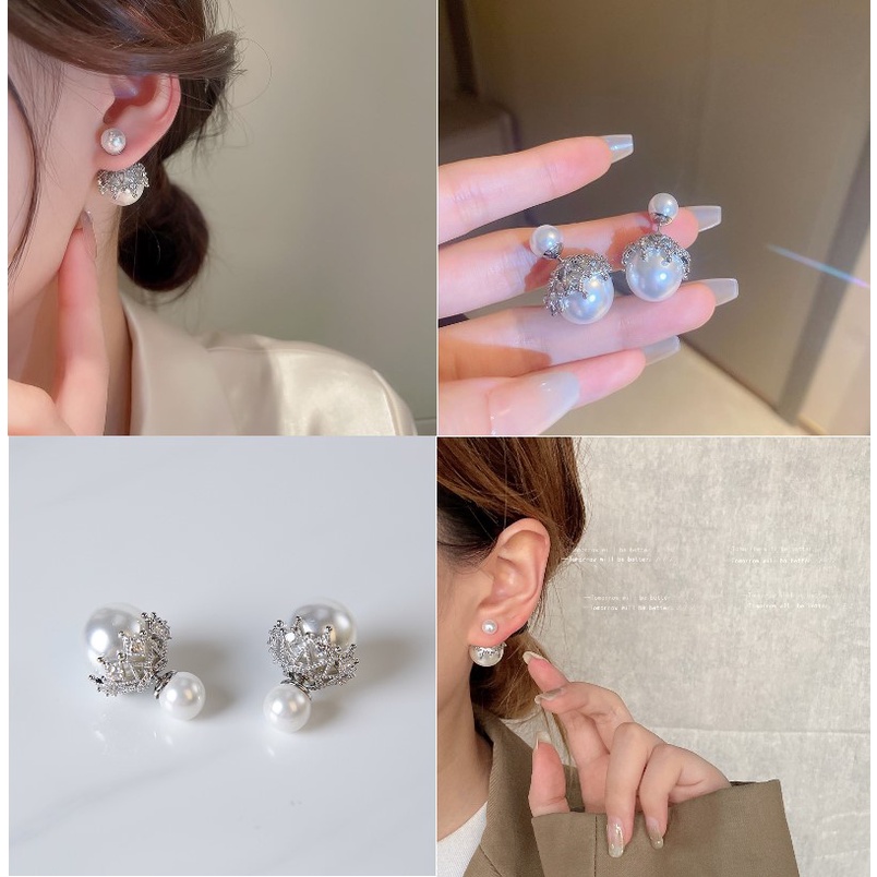 Bông tai vương miệng 2 hạt trai to nhỏ kiểu lạ sang trọng tinh tế Tatitava