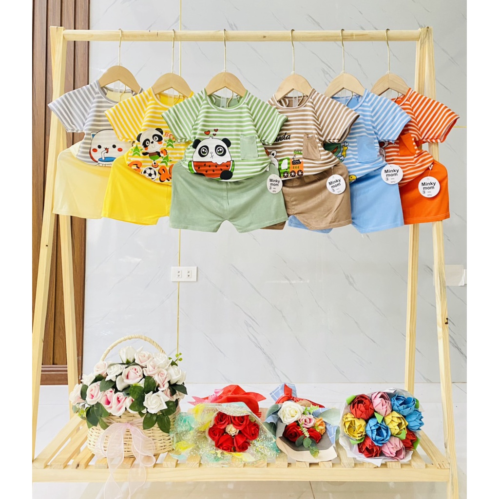 Bộ Cộc Tay MinKy Mom Kẻ Túi Ngực Quần Trơn Thun Lạnh In Hình Cho Bé