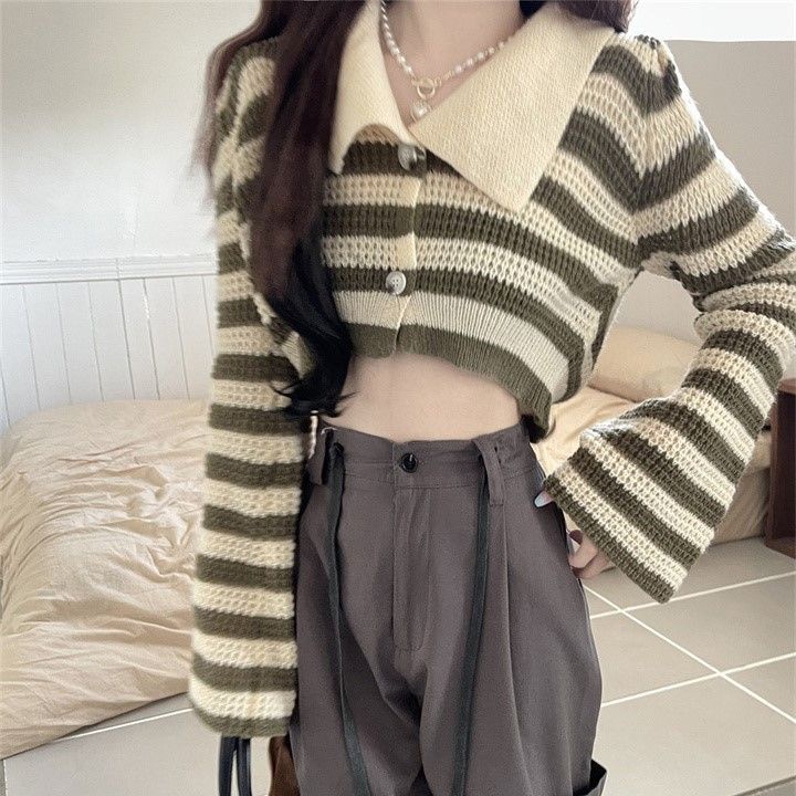Áo Khoác Cardigan Dệt Kim 2 Nút Ngắn Tay Dài Kẻ Sọc Kiểu Vintage Hàn Quốc Cho Nữ