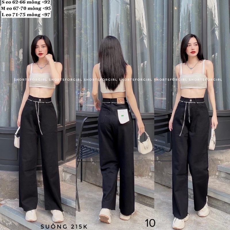 Quần jean nữ ống suông HT JEAN cạp cao tôn dáng, Quần bò màu đen trơn cắt lai lưng cao không kèm dây
