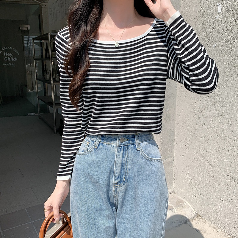Áo Thun Dệt Kim Tay Dài Cổ Tròn Họa Tiết Kẻ Sọc Màu Tương Phản Phong Cách Hàn Quốc Thời Trang