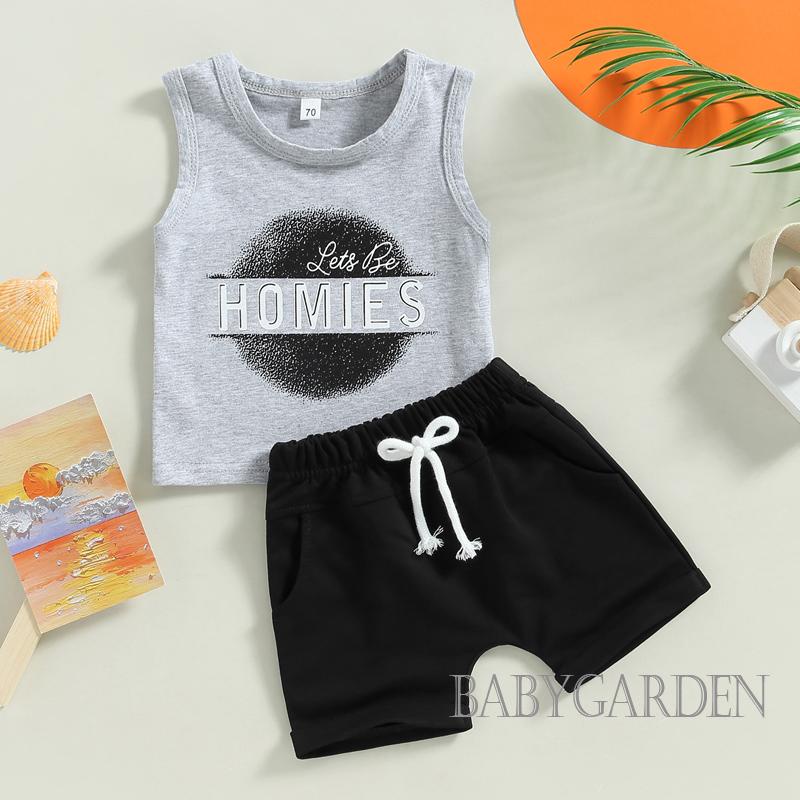 Bộ Áo Sát Nách Cổ Tròn In Chữ + Quần Short Rút Dây Thời Trang Cho Bé Trai 0-3 Tuổi