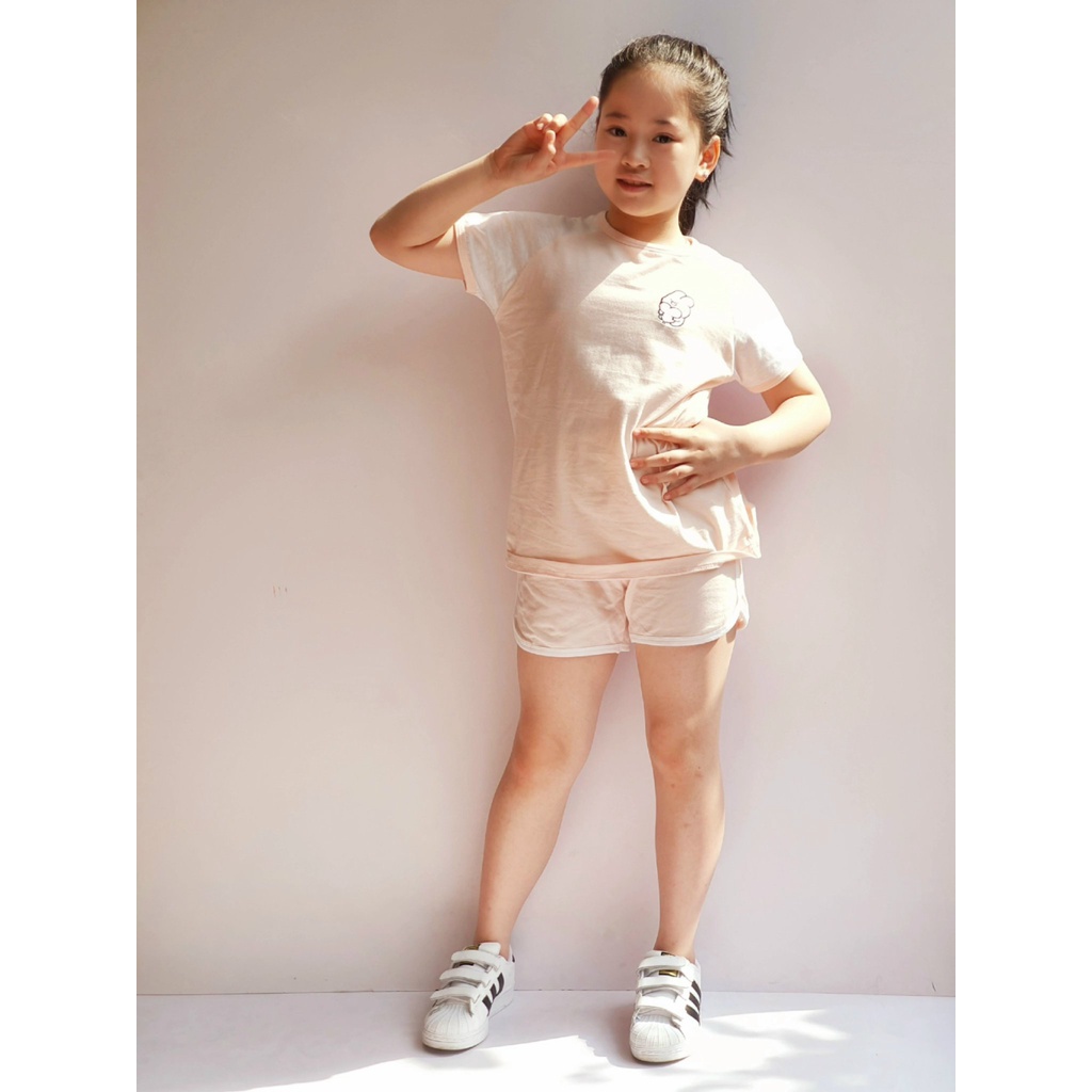 Bộ thun kẻ phối tay thêu thỏ hoa Beemon. HA4416