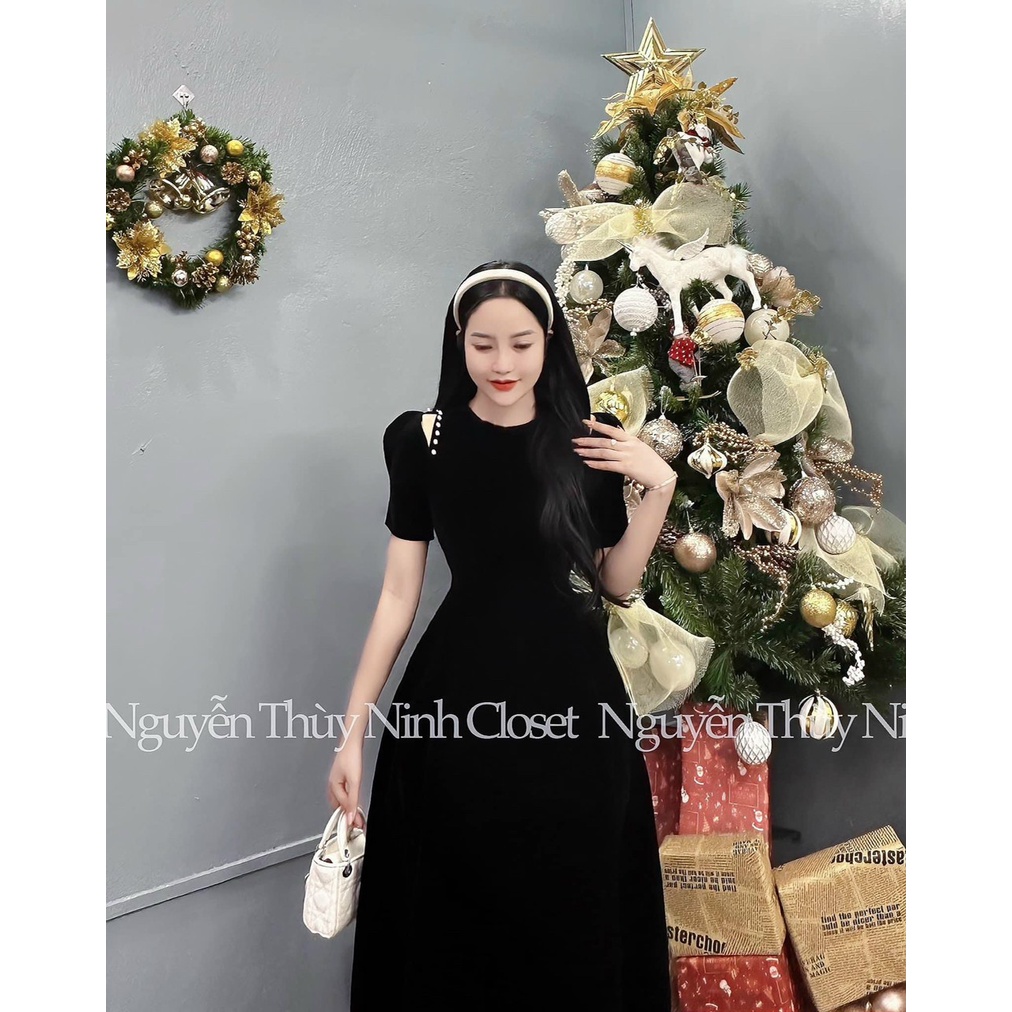 [3.3 Sales Freeship] Đầm tiểu thư nữ, đầm nhung cổ tròn khoét vai tay phồng đính ngọc dáng dài qua gối siêu xinh dx