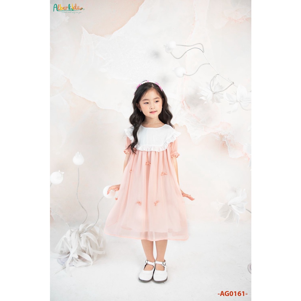 Váy bé gái ALBERKIDS hồng cổ trắng đính nơ 2 lớp công chúa xinh đẹp cho trẻ em 2,3,4,5,6,7,8,9,10,11,12 tuổi AG0161